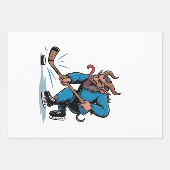Spooky Krampus Playing Ice Hockey Christmas  Wrapping Paper Sheets (Front)