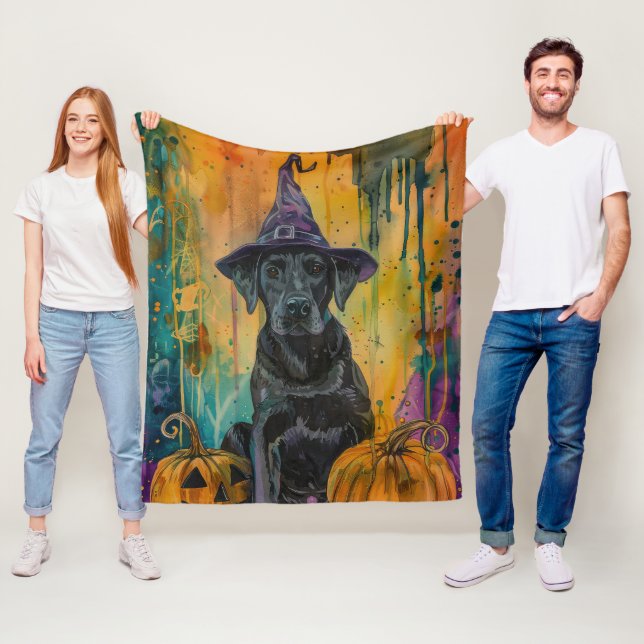 Spooky Labrador Dog Halloween Witch And Pumpkin Fleece Blanket (In Situ)