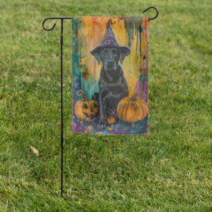 Spooky Labrador Dog Halloween Witch And Pumpkin Garden Flag
