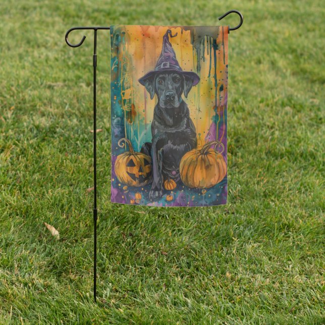 Spooky Labrador Dog Halloween Witch And Pumpkin Garden Flag (In SItu)