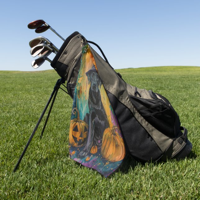 Spooky Labrador Dog Halloween Witch And Pumpkin Golf Towel (Green)