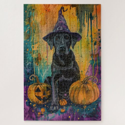 Spooky Labrador Dog Halloween Witch And Pumpkin Jigsaw Puzzle