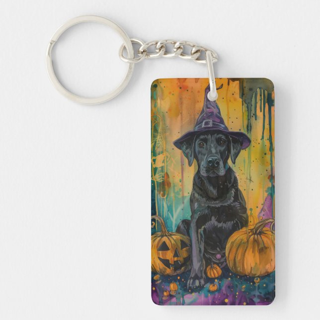 Spooky Labrador Dog Halloween Witch And Pumpkin Keychain (Front)