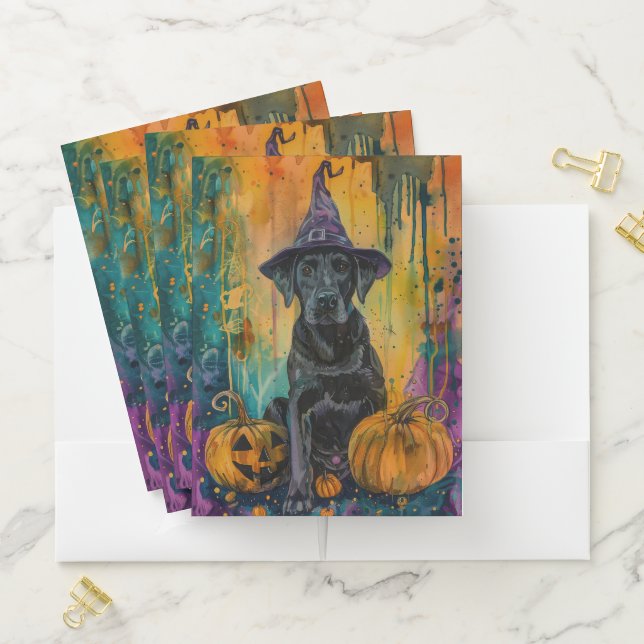 Spooky Labrador Dog Halloween Witch And Pumpkin Pocket Folder (In Situ)