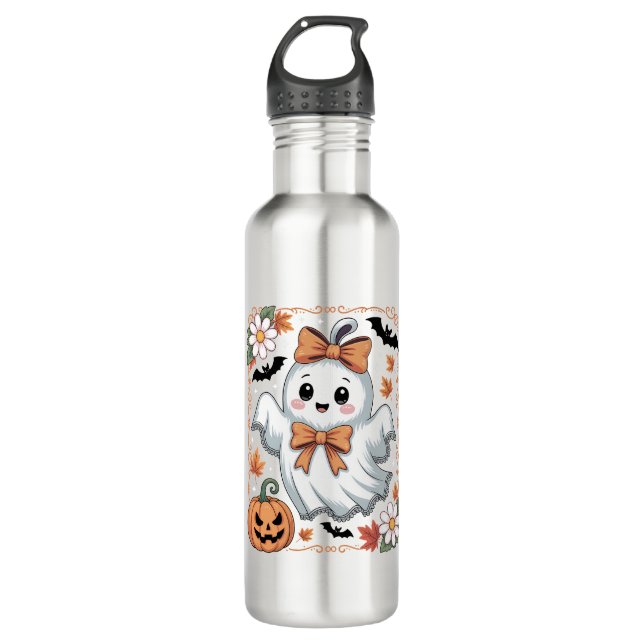 Spooky Lace Ghost Halloween Stainless Steel Water Bottle (Front)