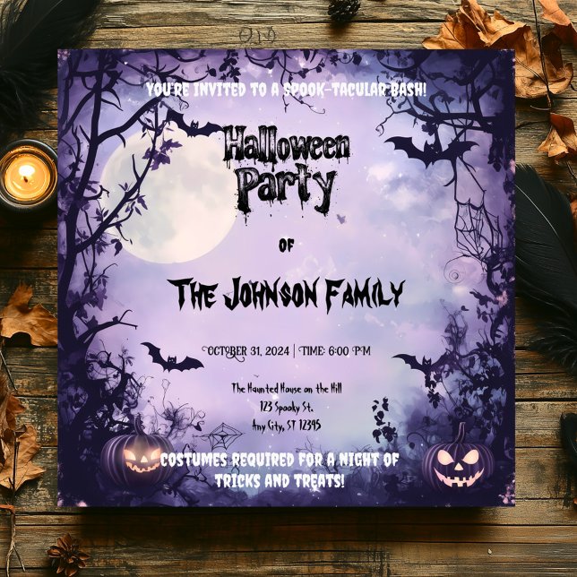 Spooky Lavender Halloween Party - Full Moon & Bats Invitation (Creator Uploaded)
