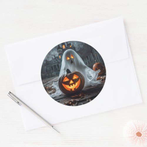 Spooky Little Ghost And Pumpkin Classic Round Sticker