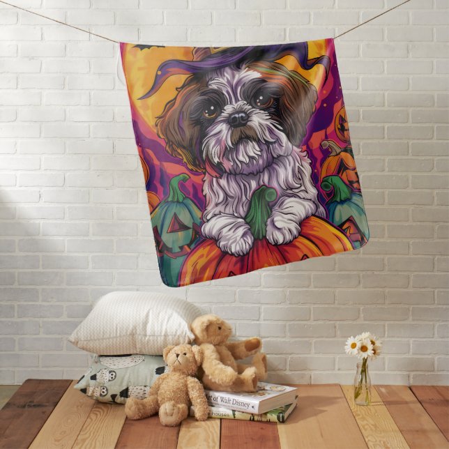 Spooky Malti Tzu Dog Halloween Witch And Pumpkin Baby Blanket (In Situ)