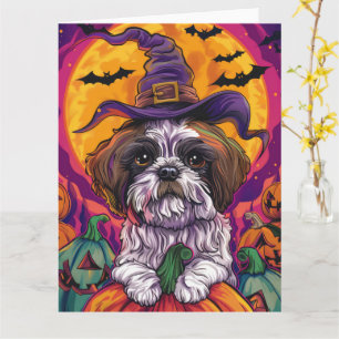 Spooky Malti Tzu Dog Halloween Witch And Pumpkin Card