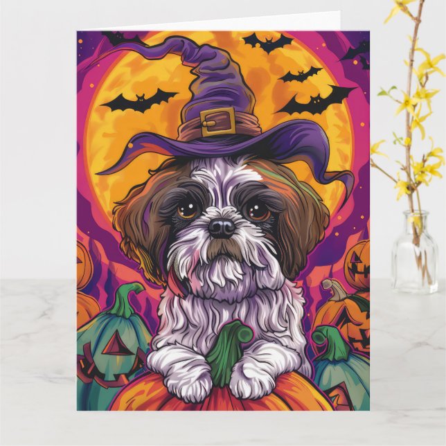 Spooky Malti Tzu Dog Halloween Witch And Pumpkin Card (Yellow Flower)