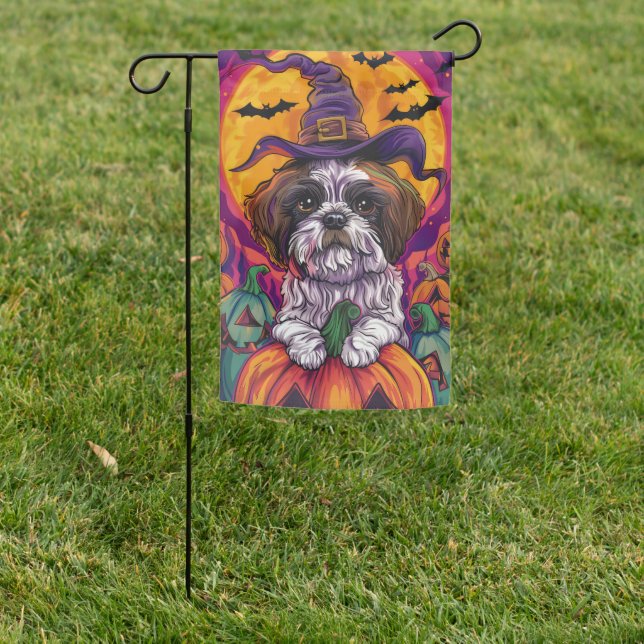 Spooky Malti Tzu Dog Halloween Witch And Pumpkin Garden Flag (In SItu)