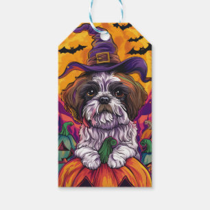 Spooky Malti Tzu Dog Halloween Witch And Pumpkin Gift Tags