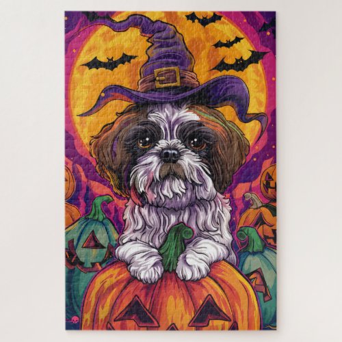 Spooky Malti Tzu Dog Halloween Witch And Pumpkin Jigsaw Puzzle