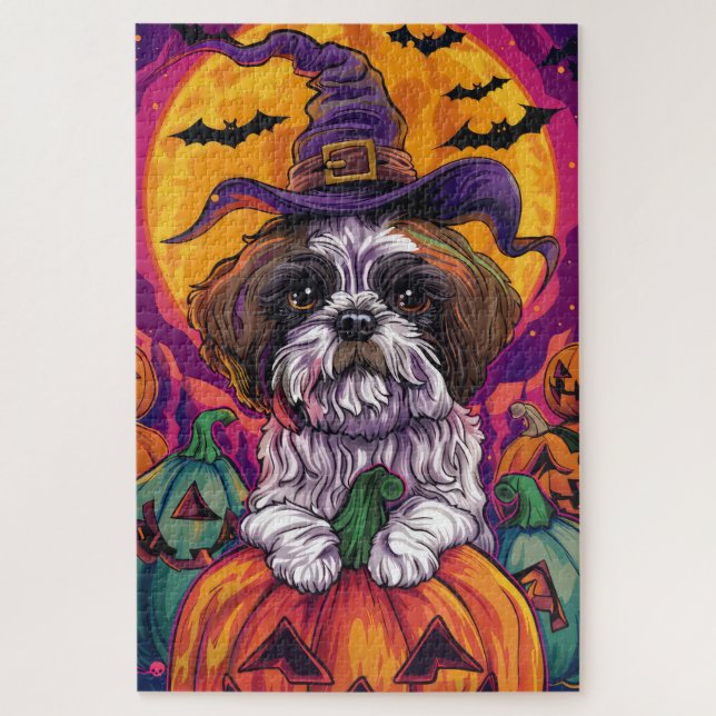 Spooky Malti Tzu Dog Halloween Witch And Pumpkin Jigsaw Puzzle (Vertical)