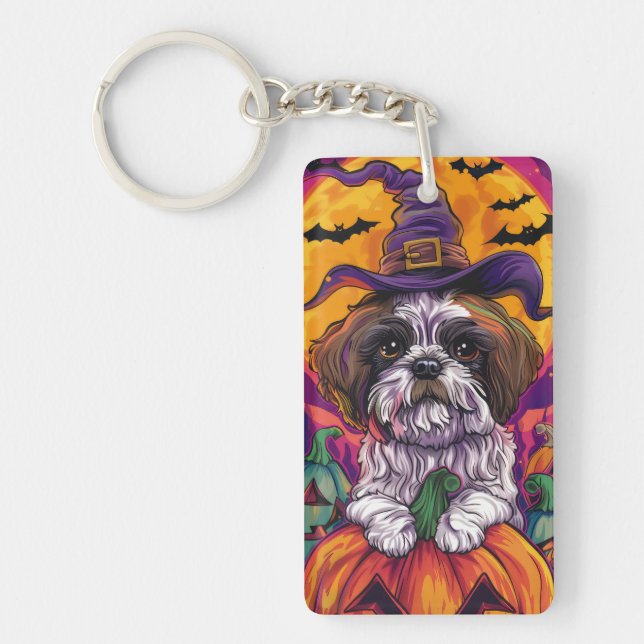Spooky Malti Tzu Dog Halloween Witch And Pumpkin Keychain (Front)