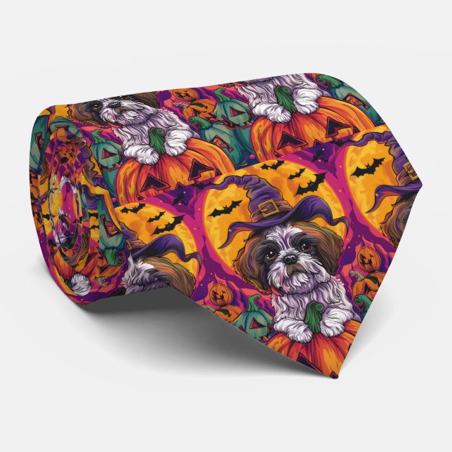 Spooky Malti Tzu Dog Halloween Witch And Pumpkin Neck Tie (Rolled)