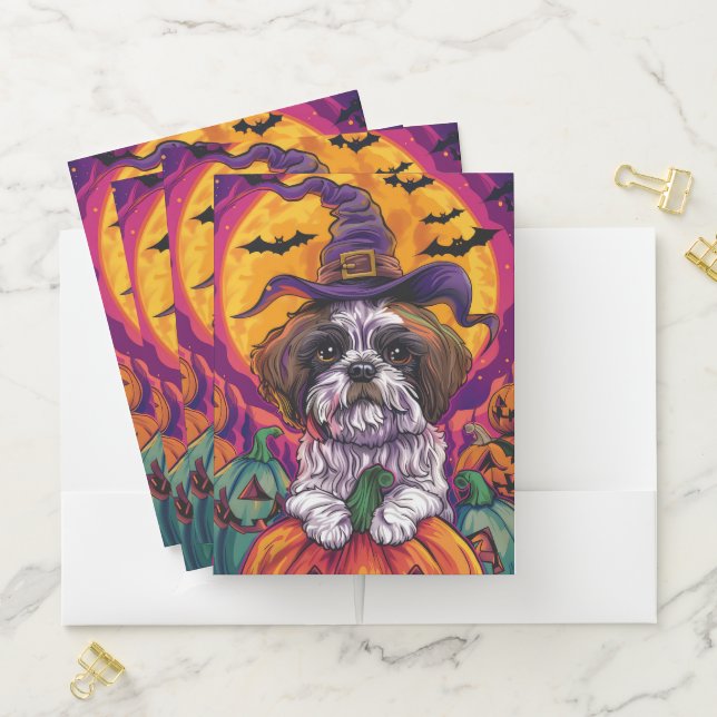 Spooky Malti Tzu Dog Halloween Witch And Pumpkin Pocket Folder (In Situ)