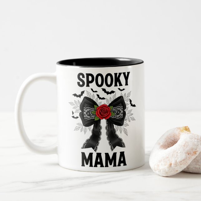 Spooky Mama Coquette Halloween Two-Tone Coffee Mug (With Donut)