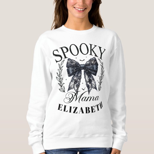 Spooky Mama Halloween Coquette Bow Custom Name Sweatshirt (Front)