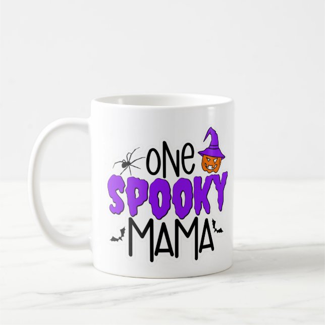 Spooky Mama Quote Halloween Pumpkin and Spider Coffee Mug (Left)