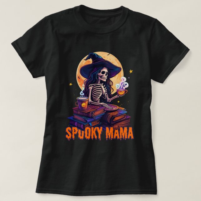 Spooky Mama Skeleton Reading Bookish Halloween T-Shirt (Design Front)