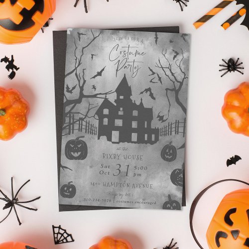 Spooky Mansion Halloween Costume Party Gray Invitation