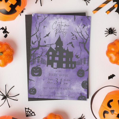Spooky Mansion Halloween Costume Party Purple Invitation