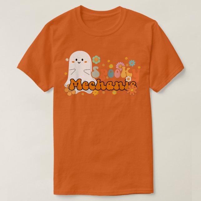 Spooky Mechanic Retro Groovy Cute Ghost Halloween  T-Shirt (Design Front)