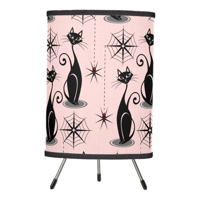 Spooky Meow Retro Atomic Cats on Pink Tripod Lamp (Front)