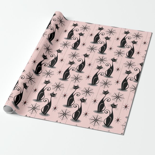 Spooky Meow Retro Atomic Cats Wrapping Paper (Unrolled)