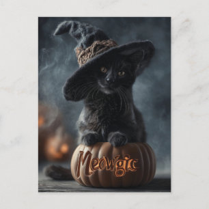 Spooky "Meowgic" Black Cat in a Witch Hat Holiday Postcard