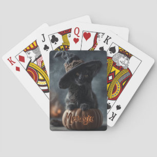 Spooky "Meowgic" Black Cat in a Witch Hat Poker Cards