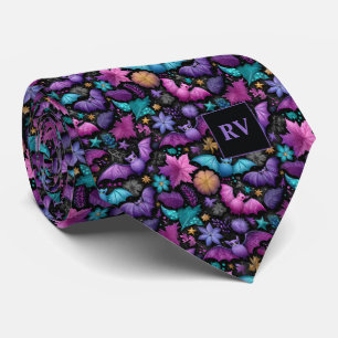 Spooky Midnight Garden Bats Halloween Monogrammed Neck Tie