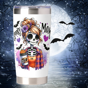 Spooky Mom Skeleton Messy Bun Custom Halloween Insulated Tumbler