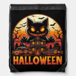 Spooky Monster Cat Haunted House Halloween Drawstring Bag