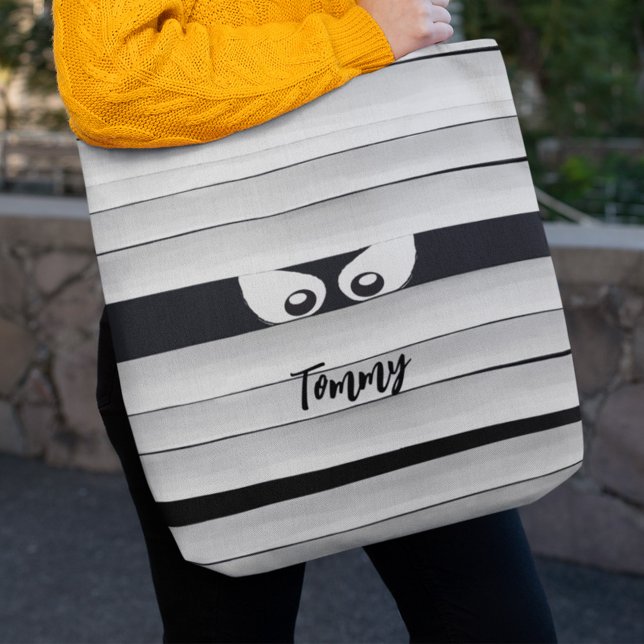 Spooky Monster Mummy Eyes Personalized Tote Bag (Halloween cute custom tote bags. )