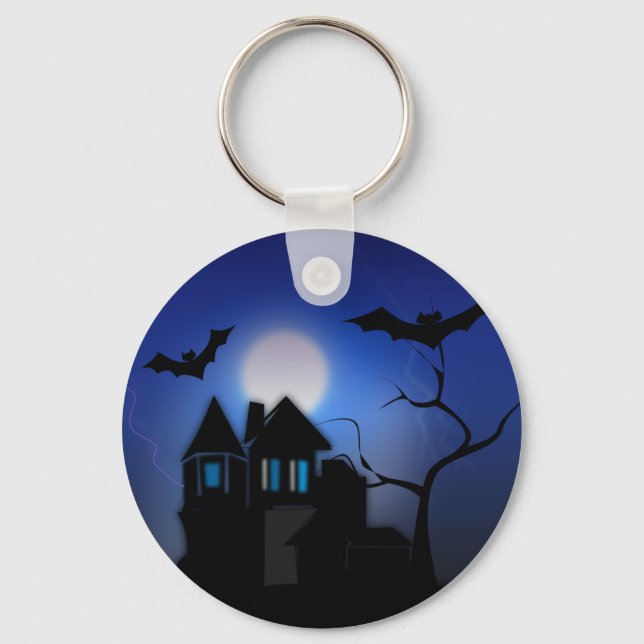 Spooky Moonlit Haunted Mansion Button Keychain (Front)
