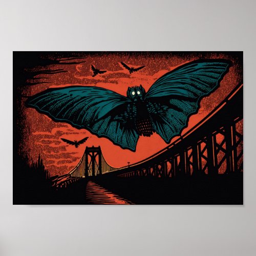 Spooky Mothman and Bridge Woodcut Art Print