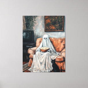 Spooky Movie Night Ghost and Cat Watching TV Canvas Print
