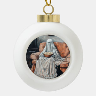 Spooky Movie Night   Ghost and Cat Watching TV Ceramic Ball Christmas Ornament