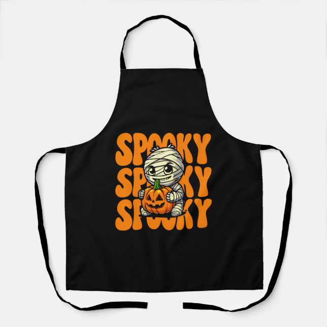 Spooky  Mummy Hugging Pumpkin Halloween Apron (Front)