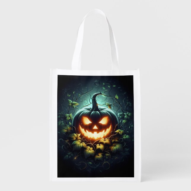 Spooky nature glowing Halloween pumpkin Grocery Bag (Front)