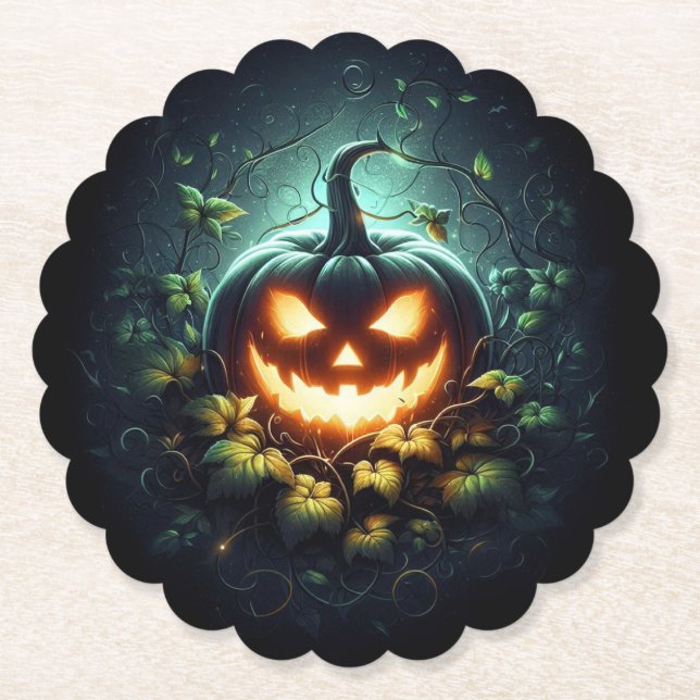 Spooky nature glowing Halloween pumpkin Paper Coaster (Front)