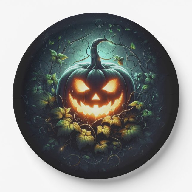 Spooky nature glowing Halloween pumpkin Paper Plates (Front)