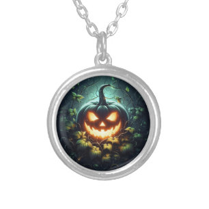 Spooky nature glowing Halloween pumpkin Silver Plated Necklace