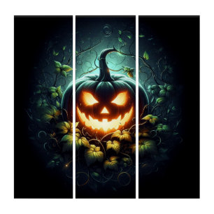 Spooky nature glowing Halloween pumpkin Triptych