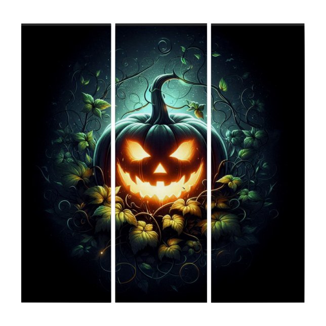 Spooky nature glowing Halloween pumpkin Triptych (Front)