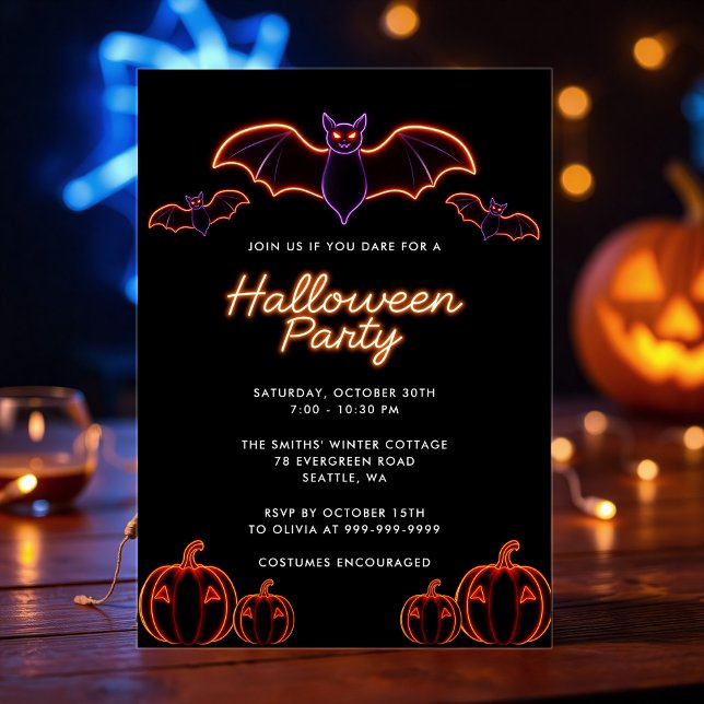 Spooky Neon Bat Pumpkin Halloween Party Invitation (Creator Uploaded)