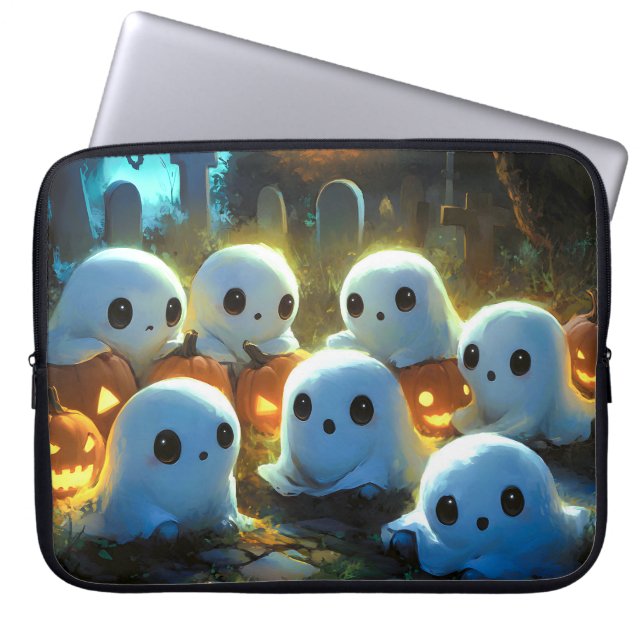 Spooky Night Cemetery Cute Halloween Ghost Laptop Sleeve (Front)