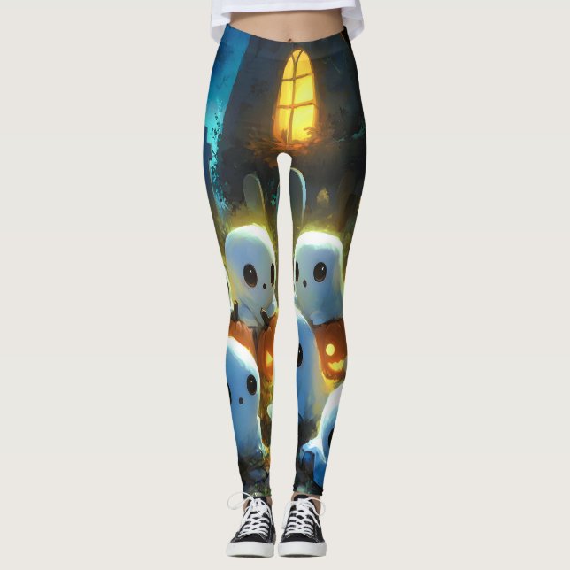 Spooky Night Cemetery Cute Halloween Ghost Leggings (Front)